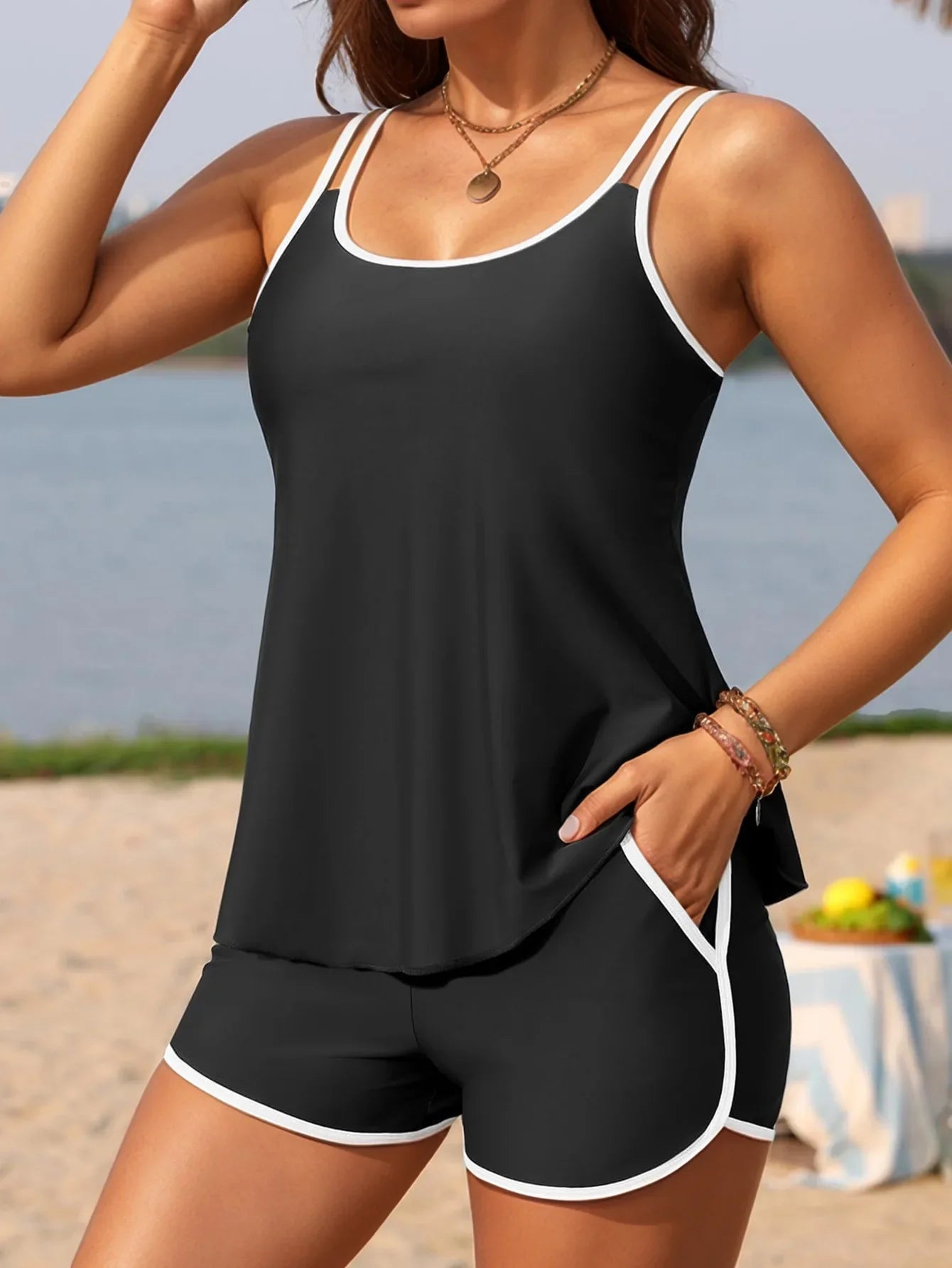 Black White Patchwork Tankini Set Swimwear Women 2026 Double Strap Push Up Tank Top High Waist Pocket Short Two Piece Swimsuit