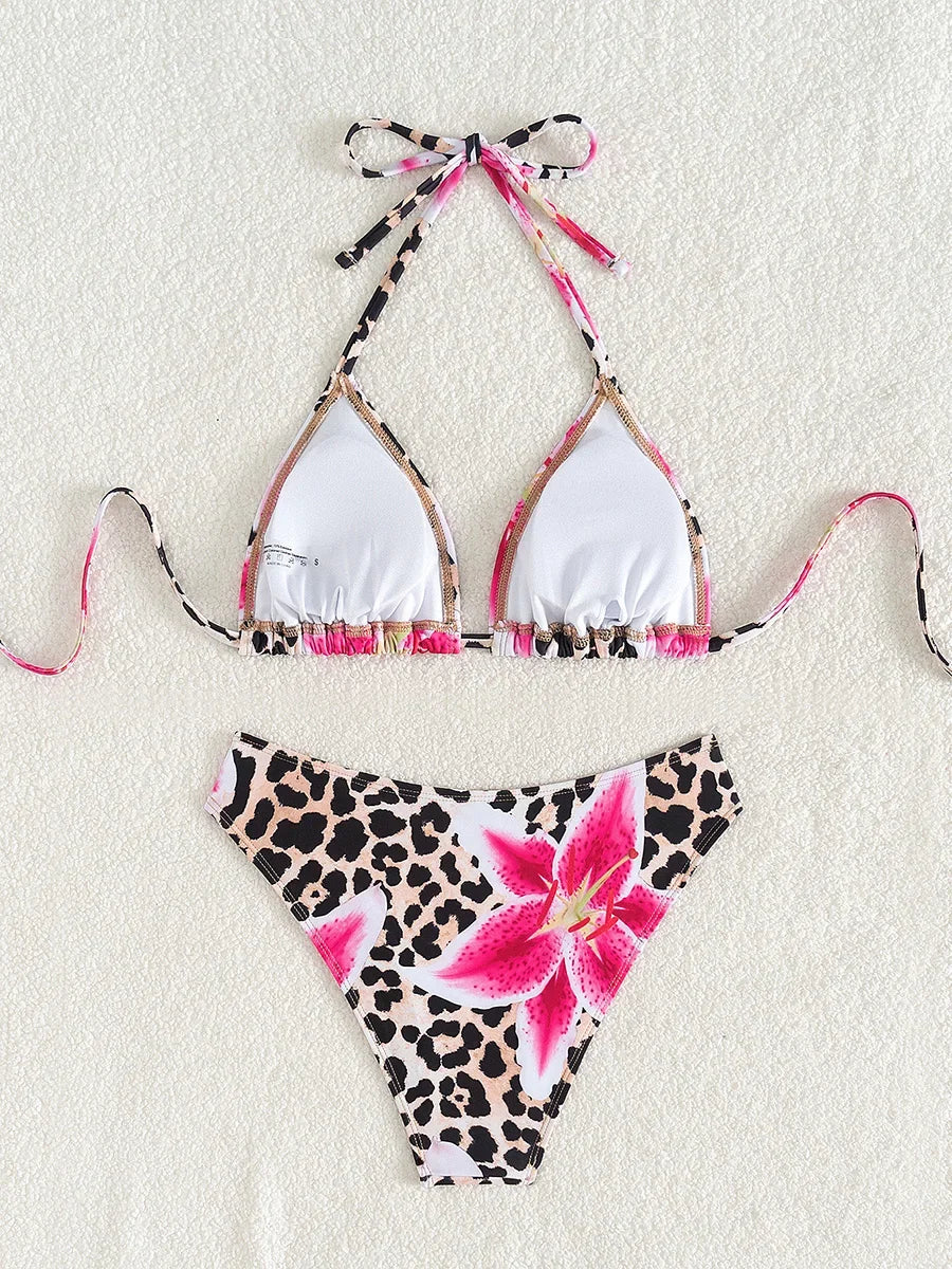 XS - L Floral Leopard Printed Halter Bikini Women Swimwear Female Swimsuit Two-pieces Bikini set Bather Bathing Suit Swim Lady