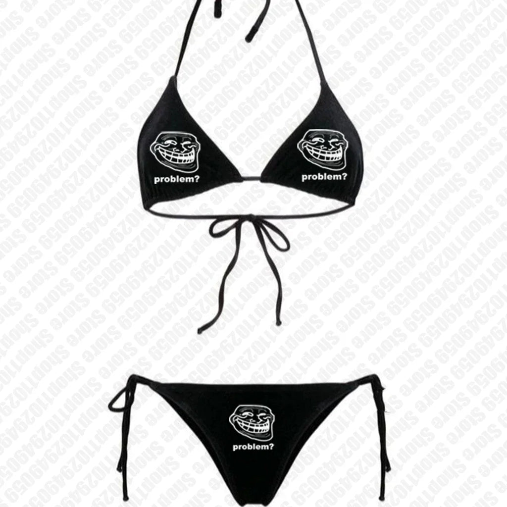 Sexy Gothic 2025 Women Cute Print Black Swimsuit Split Bathing Suit Low Waist Y2K Bikinis Sets Beach Swimwear 2000s Bikinis Sets