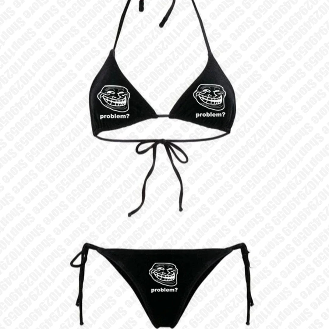 Sexy Gothic 2025 Women Cute Print Black Swimsuit Split Bathing Suit Low Waist Y2K Bikinis Sets Beach Swimwear 2000s Bikinis Sets