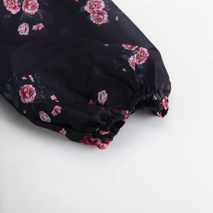 FDYOUI Elegant V-neck Floral Printed Short Dress High Street Women's Puff Sleeve High Waist Tunics Ruched Vacation Party Dresses