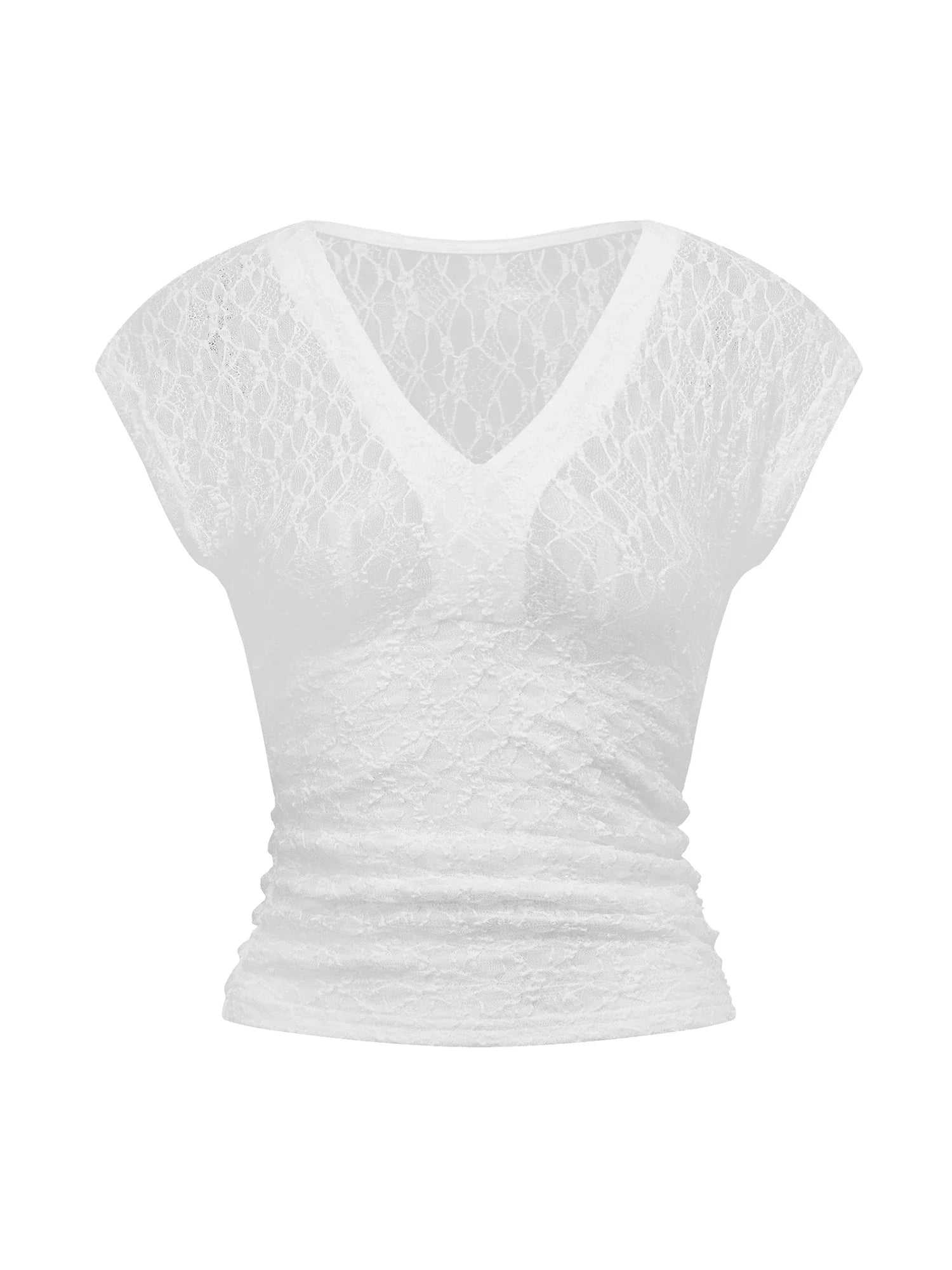 Women Summer Sheer Lace Tops Slim Fit V Neck Cap Sleeve Ruched Slim Crop Shirts Going Out Office Party Sexy T-shirt