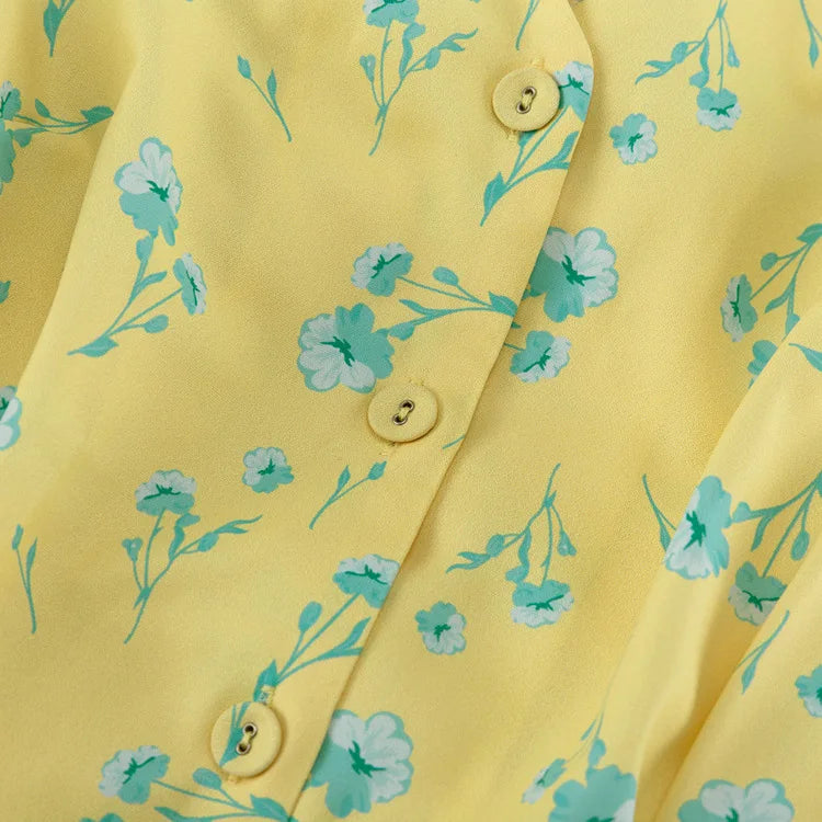 FDYOUI 2026 Summer V-neck Short Sleeve Floral Print Yellow Party Dress Women Single Breasted Lace-up Slim Long Vacation Dresses