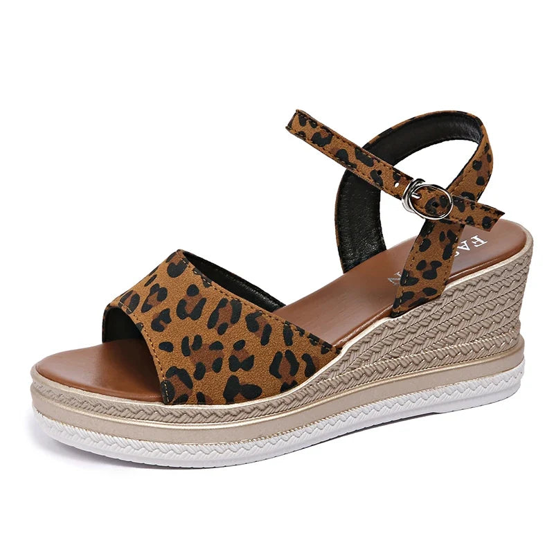 2025 Summer Leopard Print Wedges Sandals Women Plus Size Ankle Buckle Platform Sandles Woman Lightweight Chunky Heel Sandalias