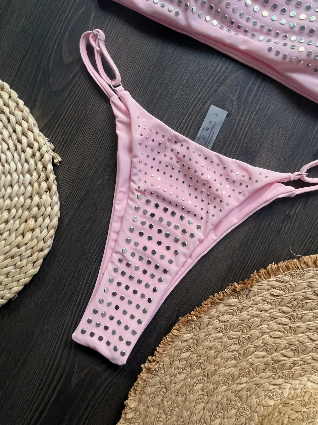 Black rhinestone process bikini sexy thong split swimsuit 2-piece beach set