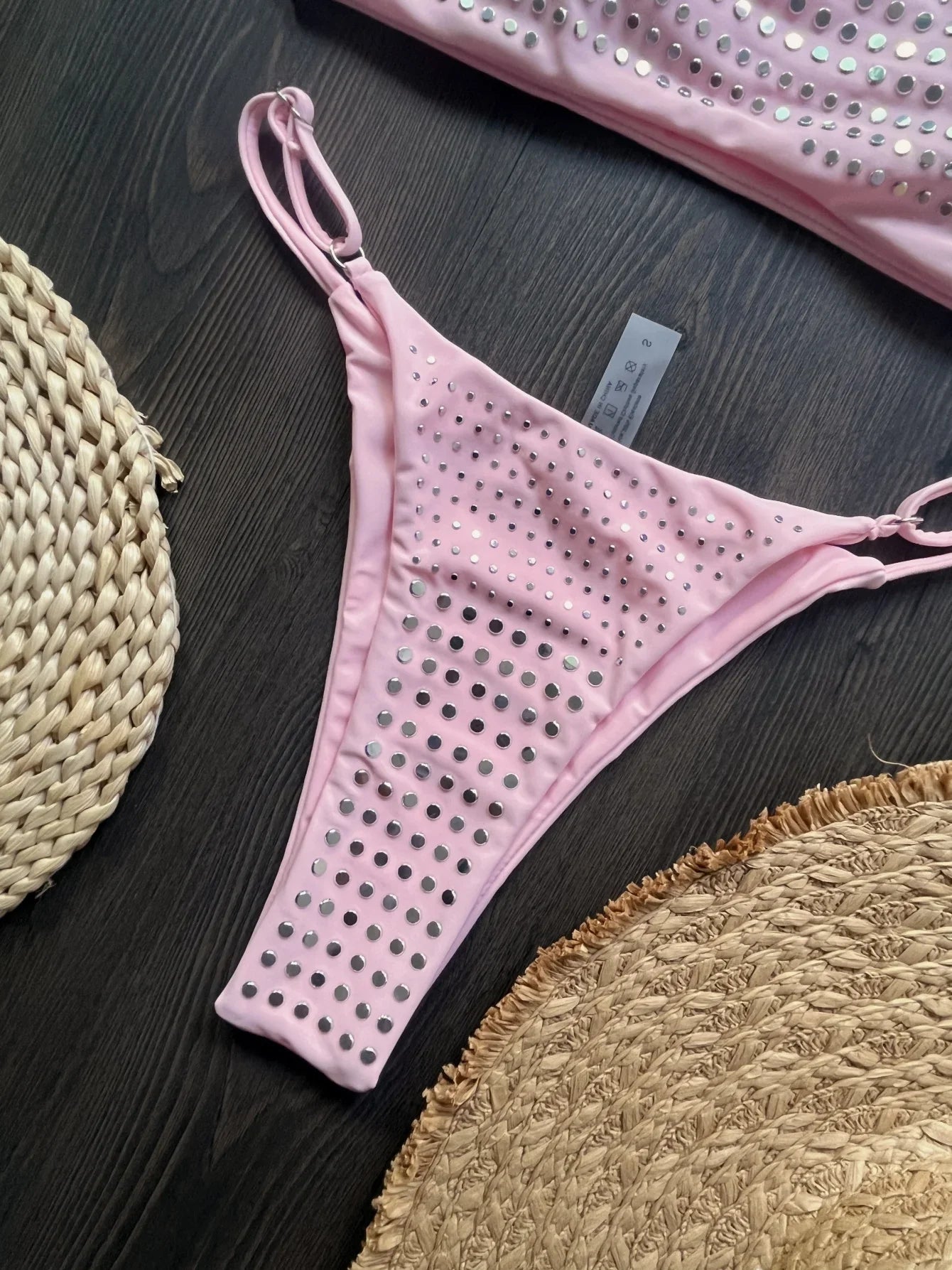 Black rhinestone process bikini sexy thong split swimsuit 2-piece beach set