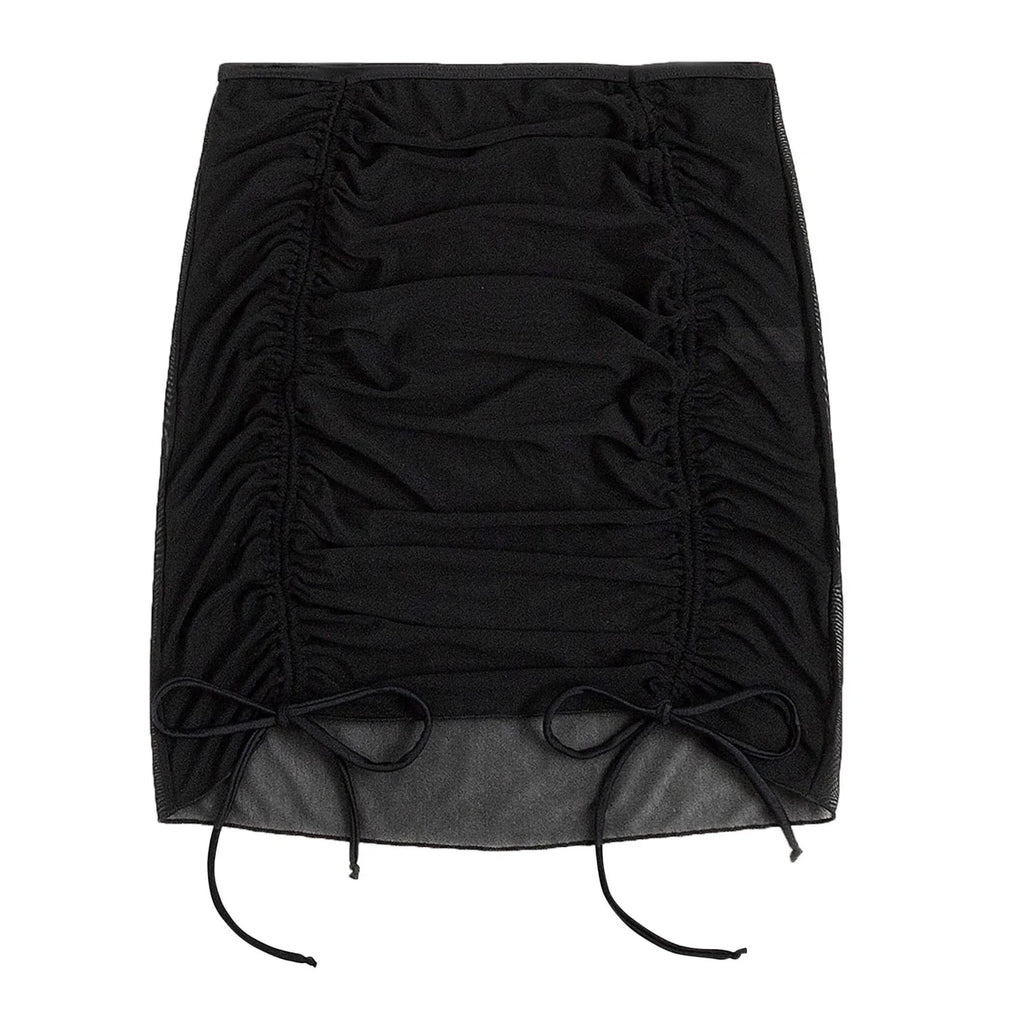 Mesh Sheer Beach Cover Up Skirt Women Ruffle Ruched Swim Skirt With Drawstring Bathing Suit Bikini Beach Dress Sarong Beachwear