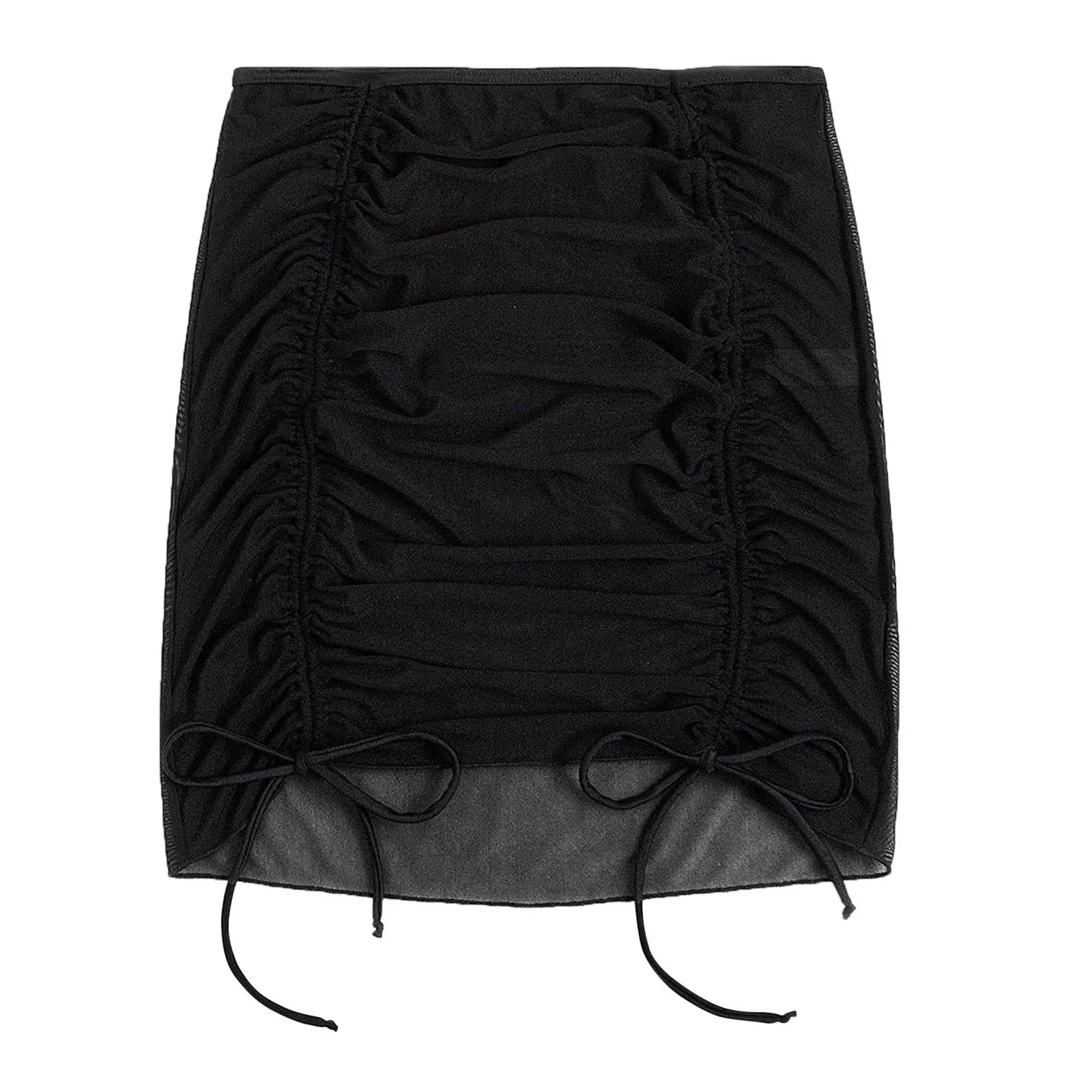 Mesh Sheer Beach Cover Up Skirt Women Ruffle Ruched Swim Skirt With Drawstring Bathing Suit Bikini Beach Dress Sarong Beachwear