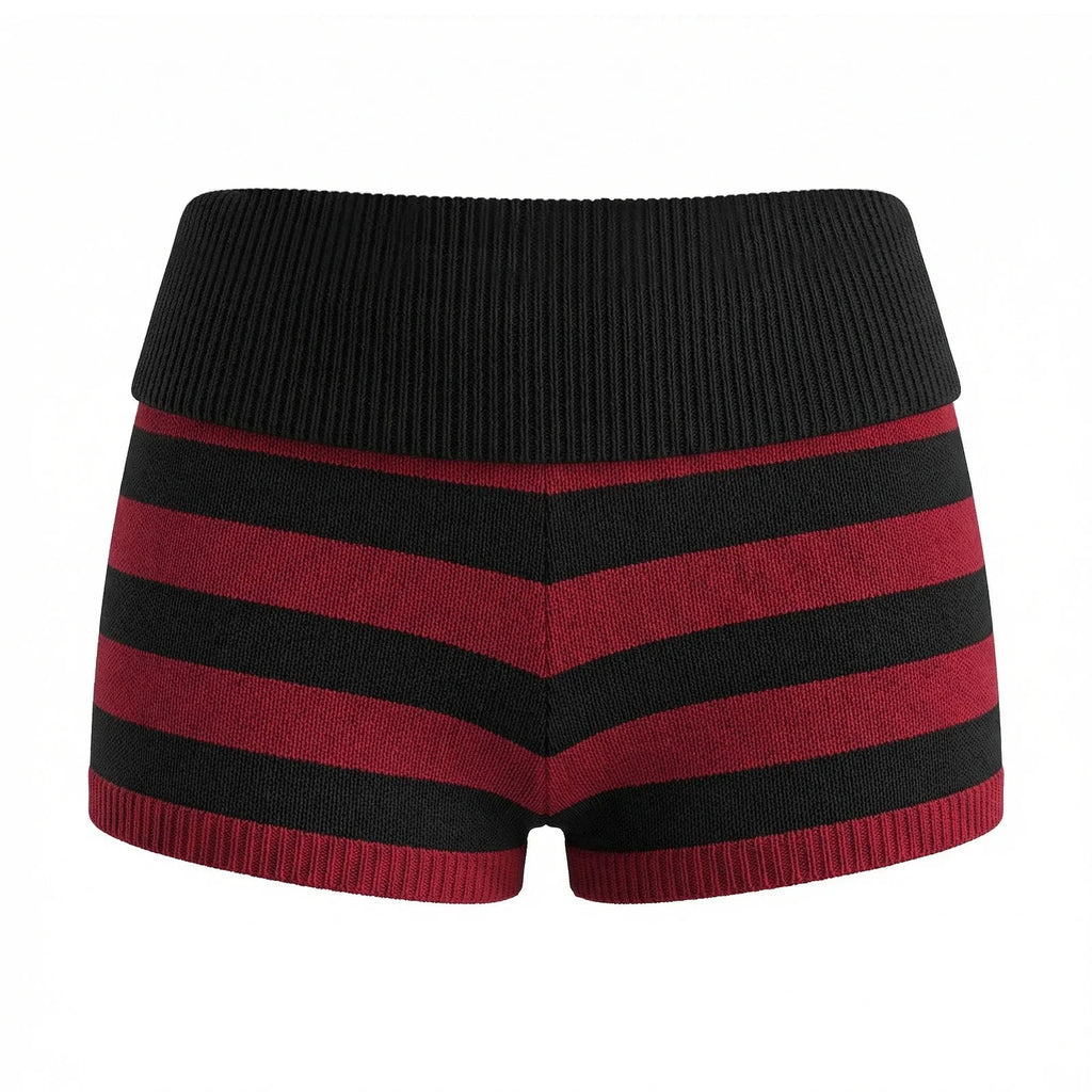 Summer Women's Trendy Shorts Foldover Waistband Striped Knit Shorts Beach Casual Streetwear