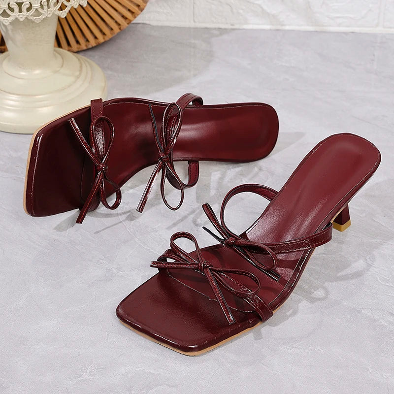 Zoki Elegant Bowknot High Heels Sandals Women Square Toe Design Thin Heels Slippers Woman Fashion Slip On Party Shoes Female