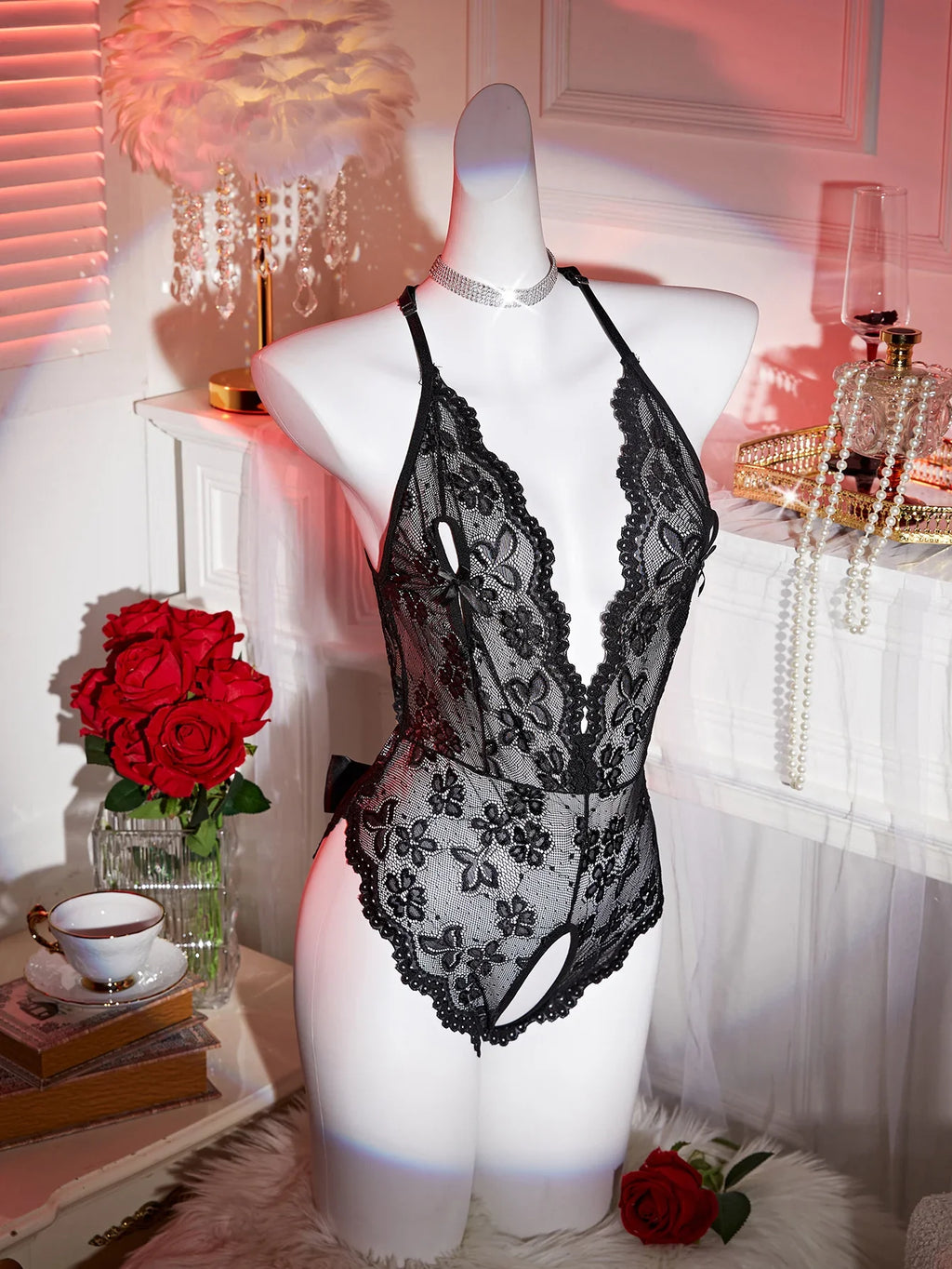Transparent Lingerie For Women Ultra Hot Bow Erotic Underwear Adult Sex Pajamas Crotchless Backless Lace Sexy Teddies Bodysuit