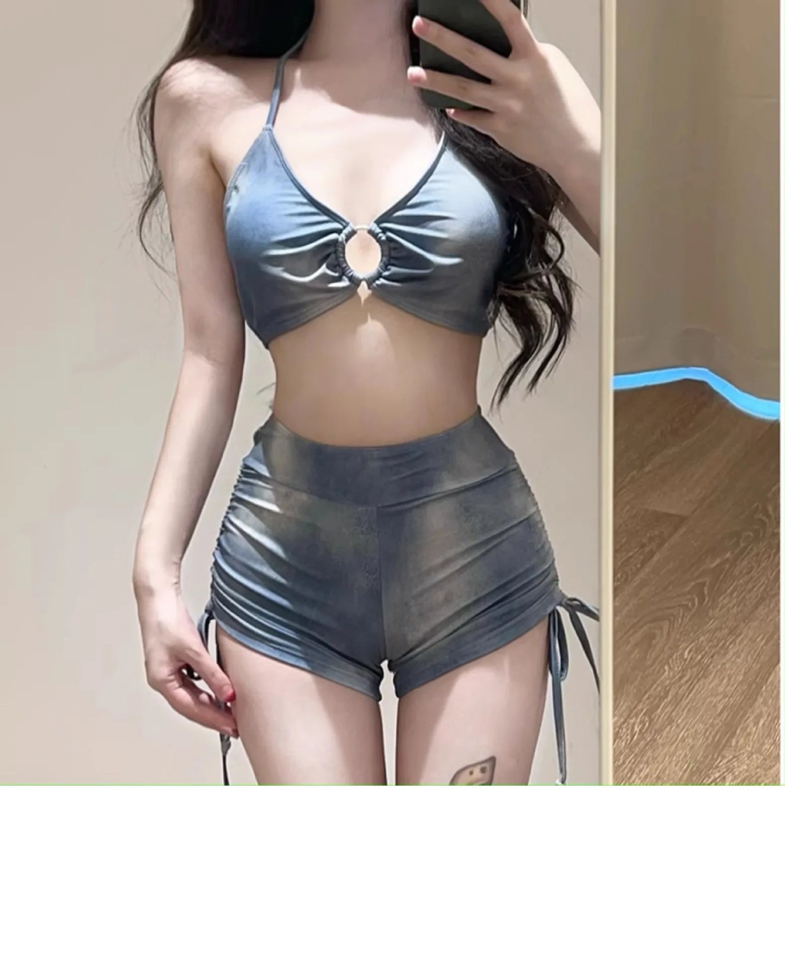 Swimsuit Women's Blue Tie Dye Split Bikini Cover, Sexy Women's Hot Spring Swimsuit Three Piece Set