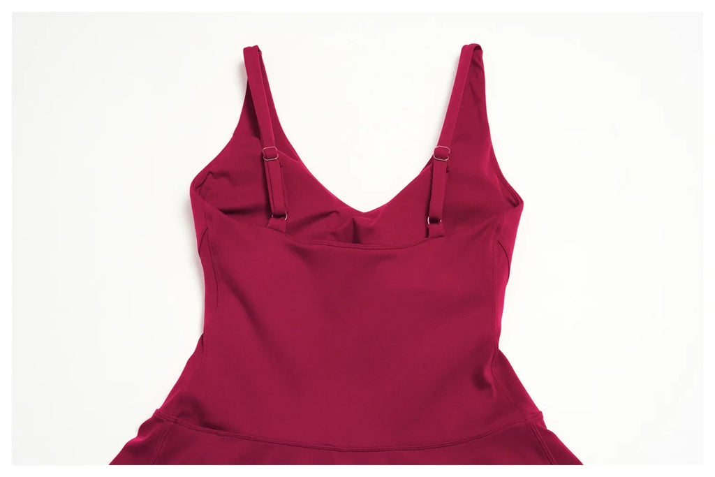 Bodycon Tennis Dress with Shorts Pocket Women Speed Dry Sleeveless V Neck One Piece Sport Outfit Short Dress Fitness Yoga Set