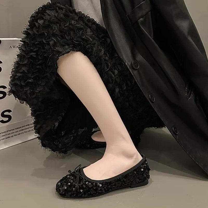 Fashion Silver Bling Low Top Single Shoes for Women New Low Heels Bow-Knot Single Shoes Ladies Hot Sale Plu Size Shoes Mujer