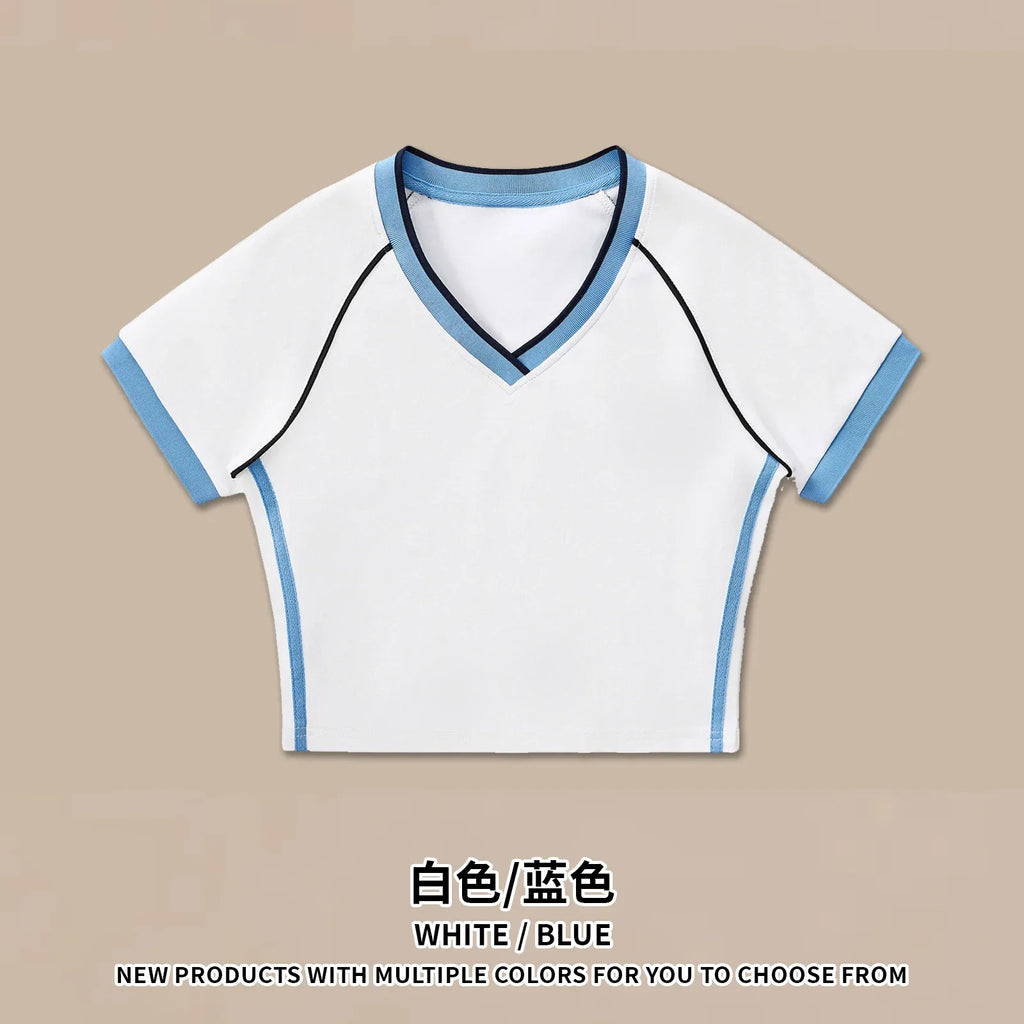 Hot girl top V-neck exposed navel contrasting color splicing clothes women's street short-sleeved T-shirt