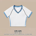 Hot girl top V-neck exposed navel contrasting color splicing clothes women's street short-sleeved T-shirt