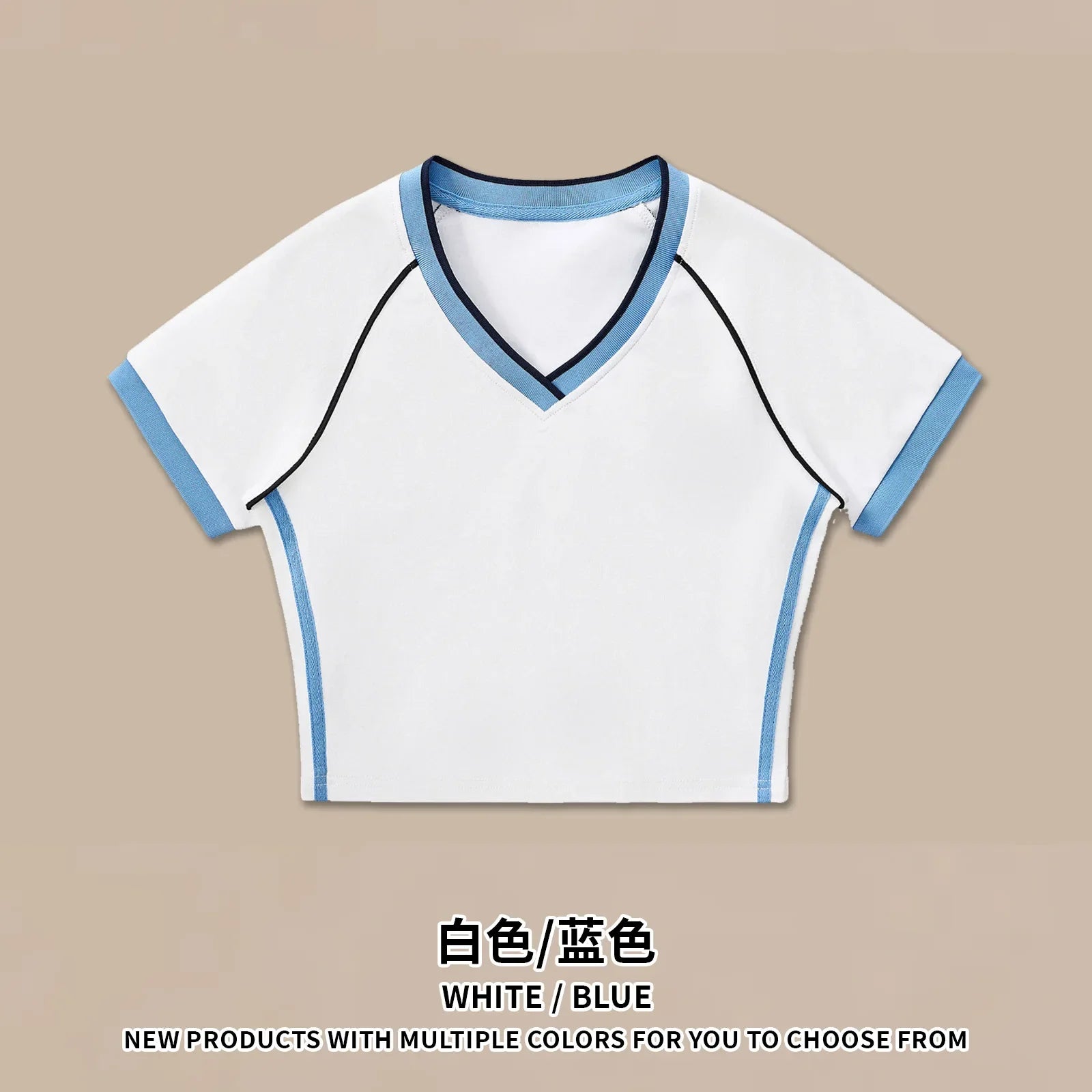 Hot girl top V-neck exposed navel contrasting color splicing clothes women's street short-sleeved T-shirt