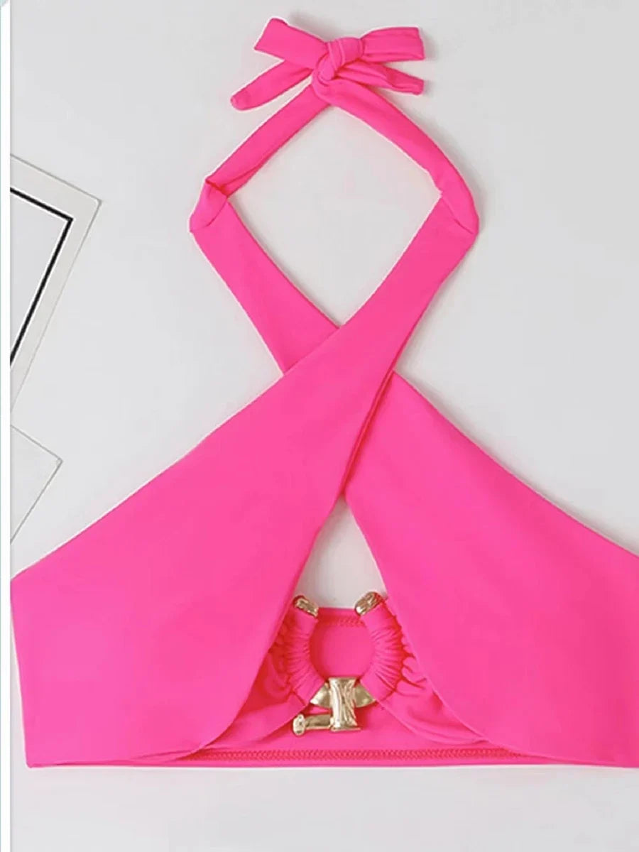 2026 Halter Bikini Solid Metal Link Swimsuit Women Hollow Out Swimwear Female Bathers Bathing Swimming Swim Suit Beachwear