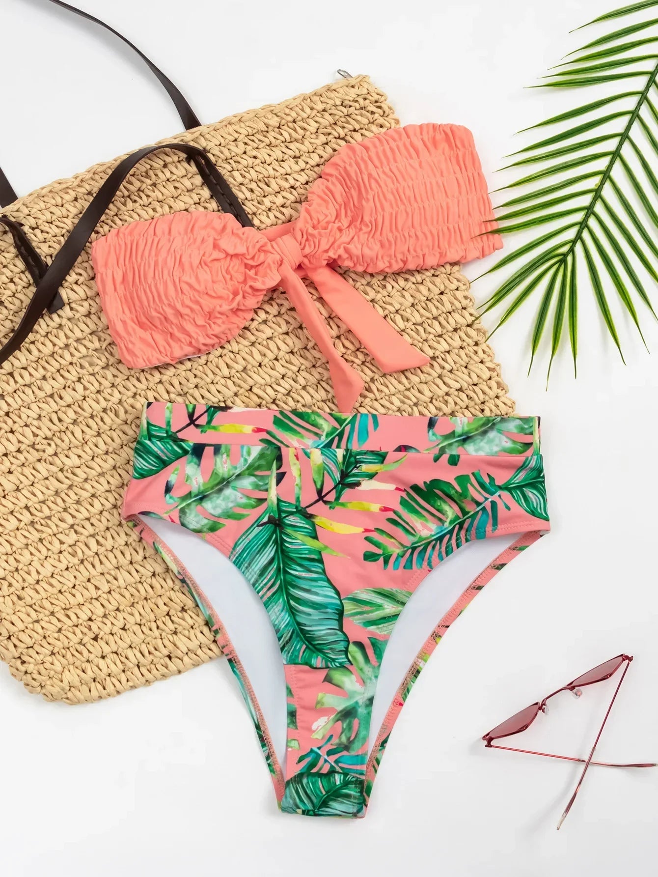 2026 Sexy Bikini Bandeau Women Push Up Swimwear Swimsuit Pleated Leaf Print High Waist Backless Bikinis Set Beach Bathing Suit