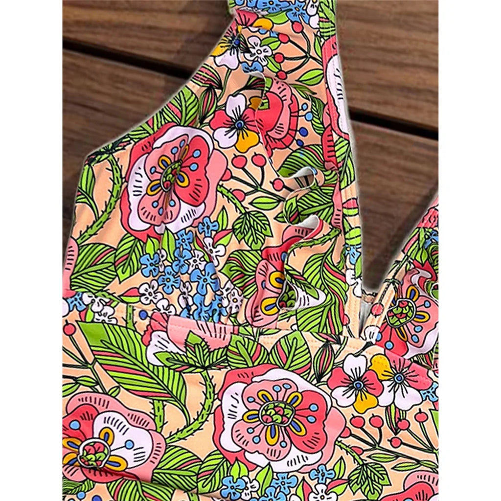 S - XL 2026 Flower Printed Floral V Neck Women Swimwear One Piece Swimsuit Female Halter Monokini Bather Bathing Suit Swim V8221