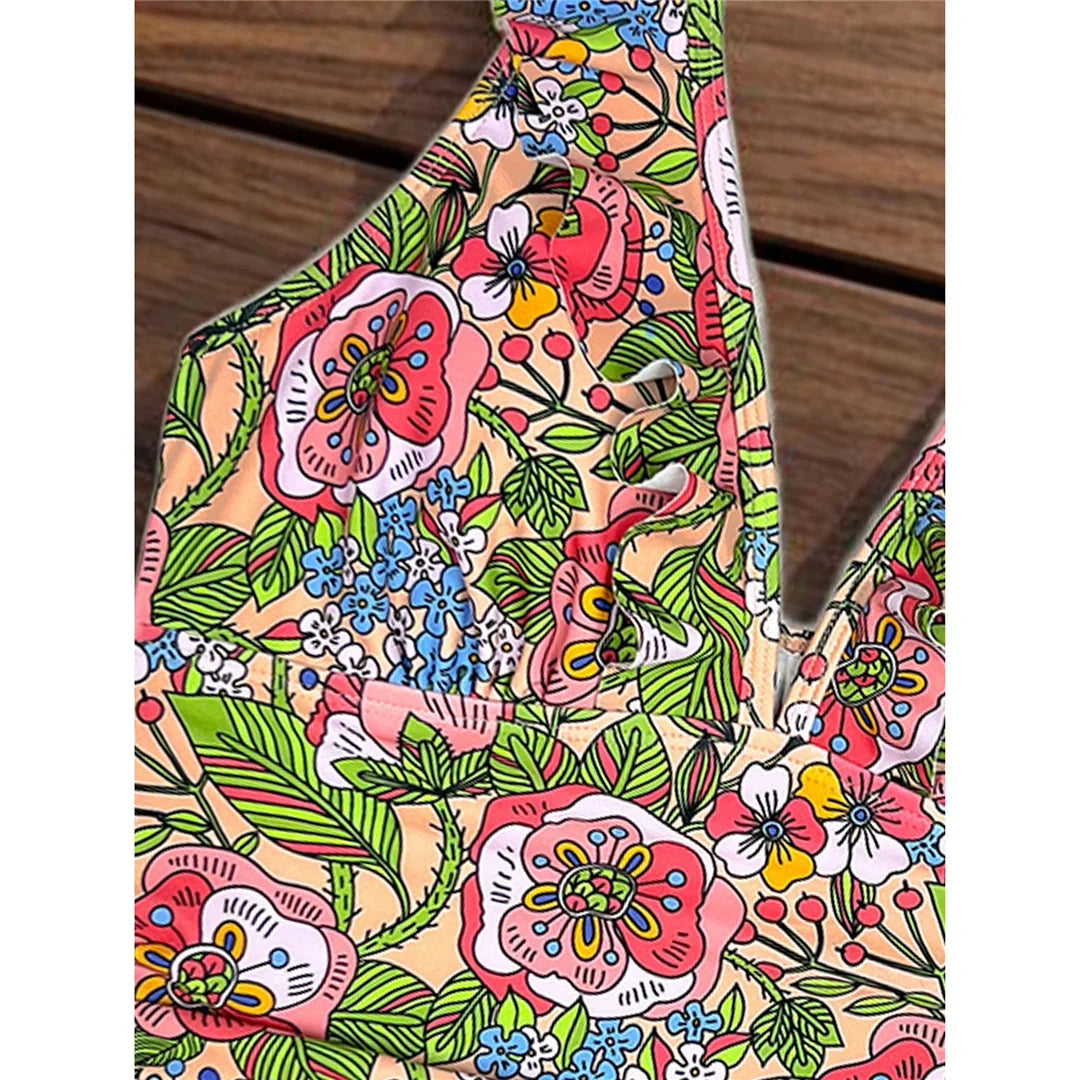 S - XL 2026 Flower Printed Floral V Neck Women Swimwear One Piece Swimsuit Female Halter Monokini Bather Bathing Suit Swim V8221