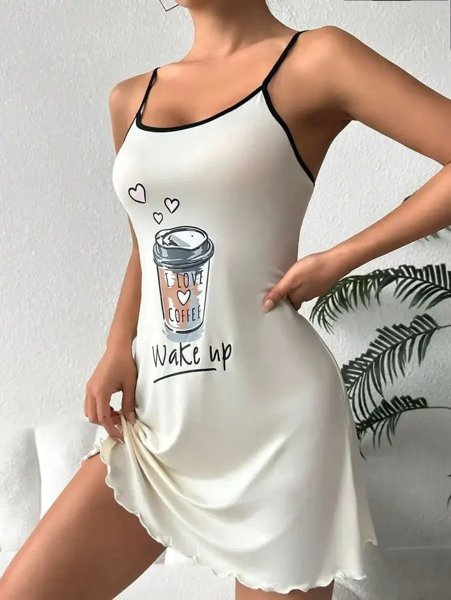 Summer Cute Letter Print Nightdress Women Nightgown Spaghetti Strap Mini Cami Lettuce Hem Contrast Trim Loungewear