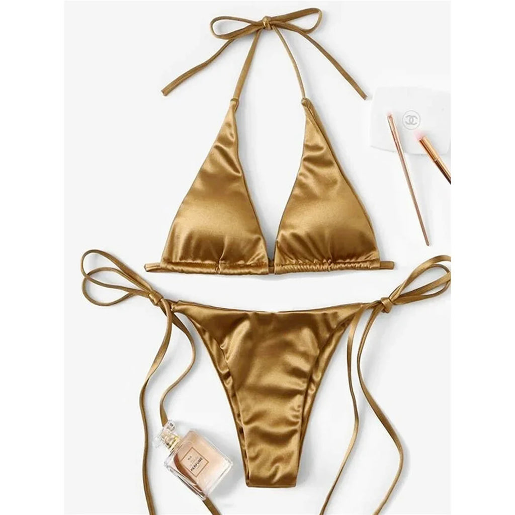 Sexy 13 Colors Halter Satin Brazilian Bikini Women Swimwear Female Swimsuit Two-pieces Bikini set Bather Bathing Suit Swim V4966