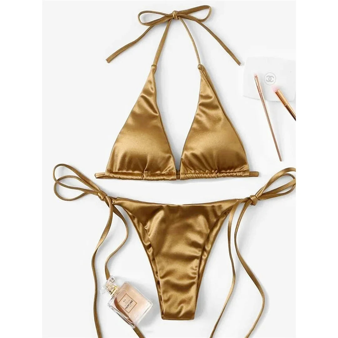 Sexy 13 Colors Halter Satin Brazilian Bikini Women Swimwear Female Swimsuit Two-pieces Bikini set Bather Bathing Suit Swim V4966
