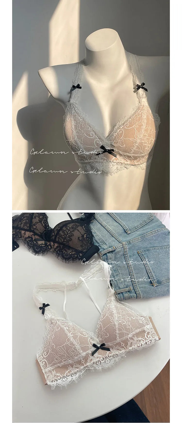 Elegant French Halter Neck Bra Set, Lace Wireless Bralette for Small Bust, Push Up Sensual Underwear Bralette & Panty MOYISU Bra