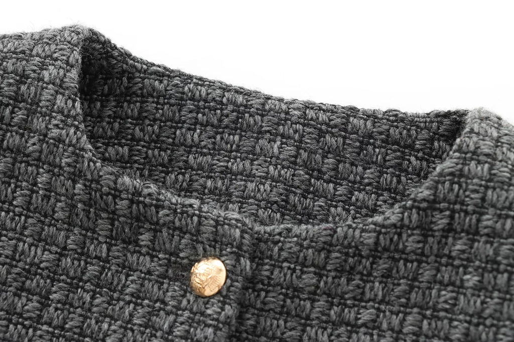 Foridol Tweed Knitted Dark Grey Blazer Coat Women Autumn Winter Gingham Short Coat Office Lady Vintage Buttons Veste