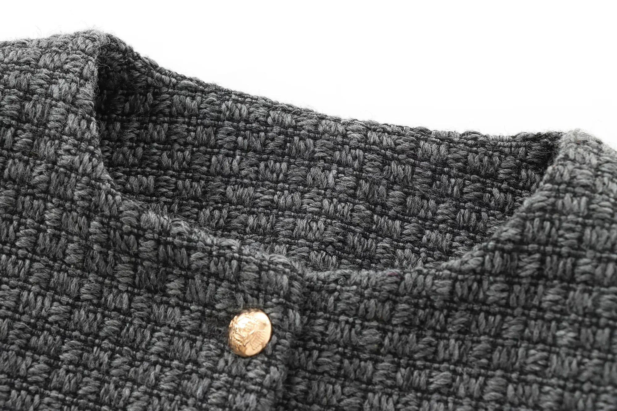 Foridol Tweed Knitted Dark Grey Blazer Coat Women Autumn Winter Gingham Short Coat Office Lady Vintage Buttons Veste