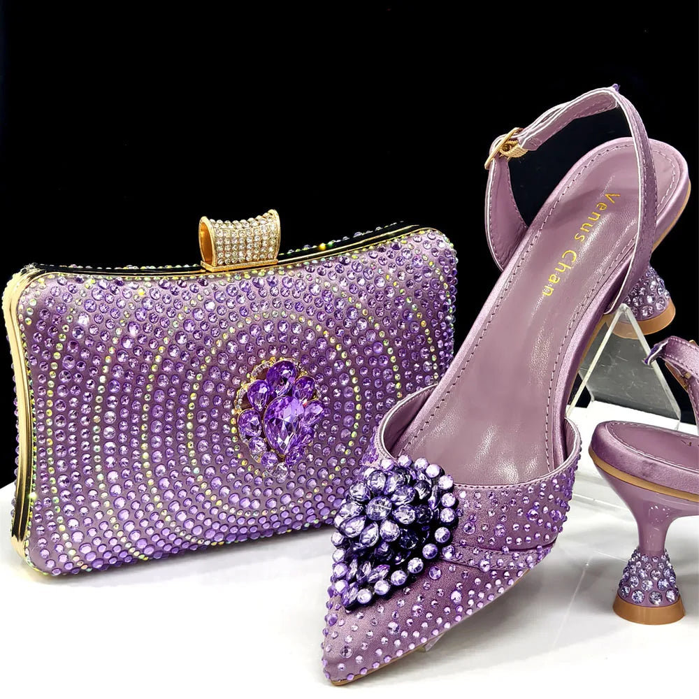 Doershow Italian purple Shoes And Bag Sets For Evening Party With Stones Italian Leather Handbags Match Bags! HX1-1