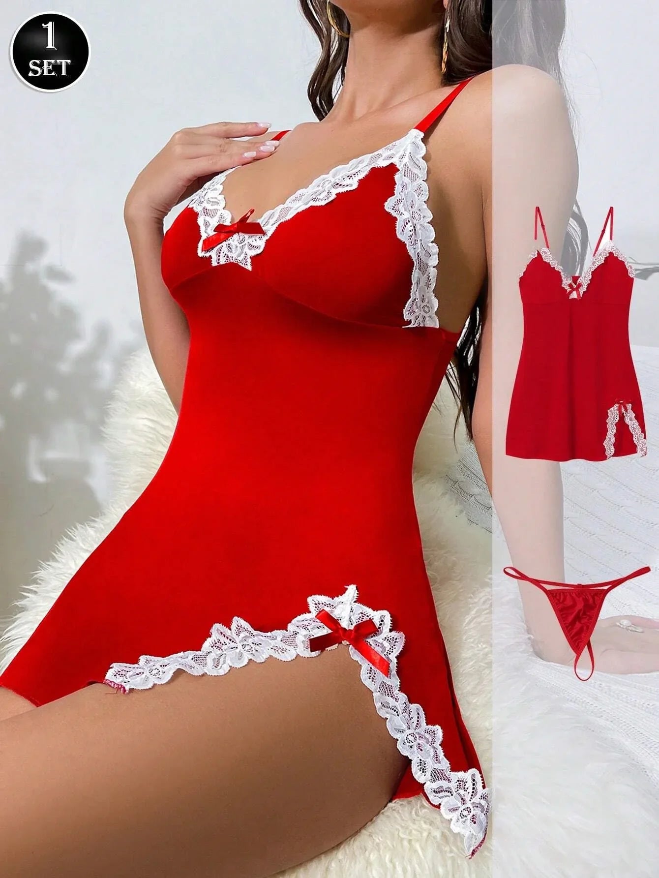 Sexy Sleepwear For Women Lace V-Neck Nightgown Split Hem Soft Lingerie Nightwear Sleeveless NightdressFemale Dress Thongs Sets
