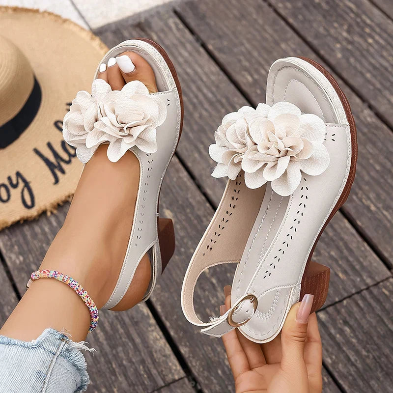 Summer Flower Decor Thick Heeled Sandals Women Plus Size 43 Lightweight High Heel Sandals Woman Back Strap Peep Toe Sandles 2026