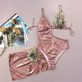 Sexy Patch flower Metallic Pink Irregular Swimsuits Bikinis Sets Two Pieces with Mini Split Skirt Swimsuit Bathing Suit Biquini