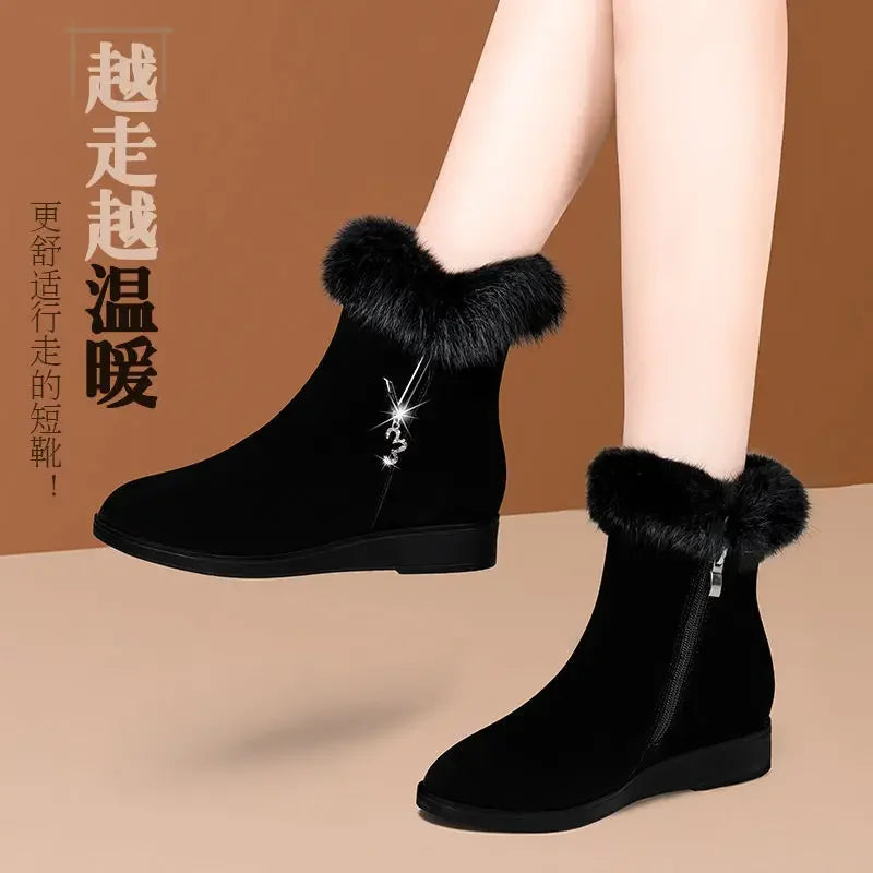 Plush Womens Boots Comfortable Hick-soled Fur Shoes Fashion Ladies Shoes Zipper Women Vulcanized Shoes Anti-slip Chaussure Femme