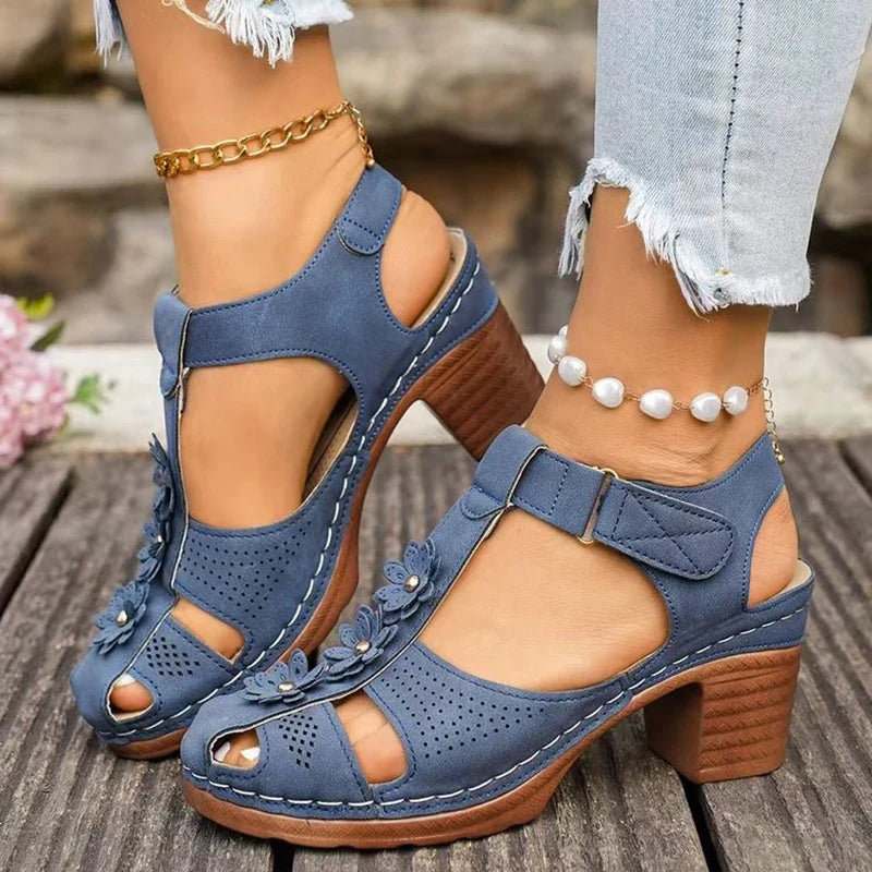 Plus Size 43 Thick Heel Rome Sandals Women Closed Toe Ankle Strap Summer Sandles Woman Flowers Platform High Heeled Sandals