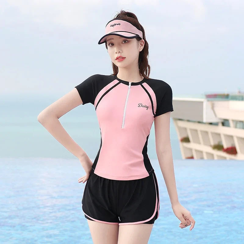 New Short Sleeve High Waist Two Pieces Swimwear Women Swimsuit Hot Spring Surf Bathing Swimming Suit Female Beach Wear