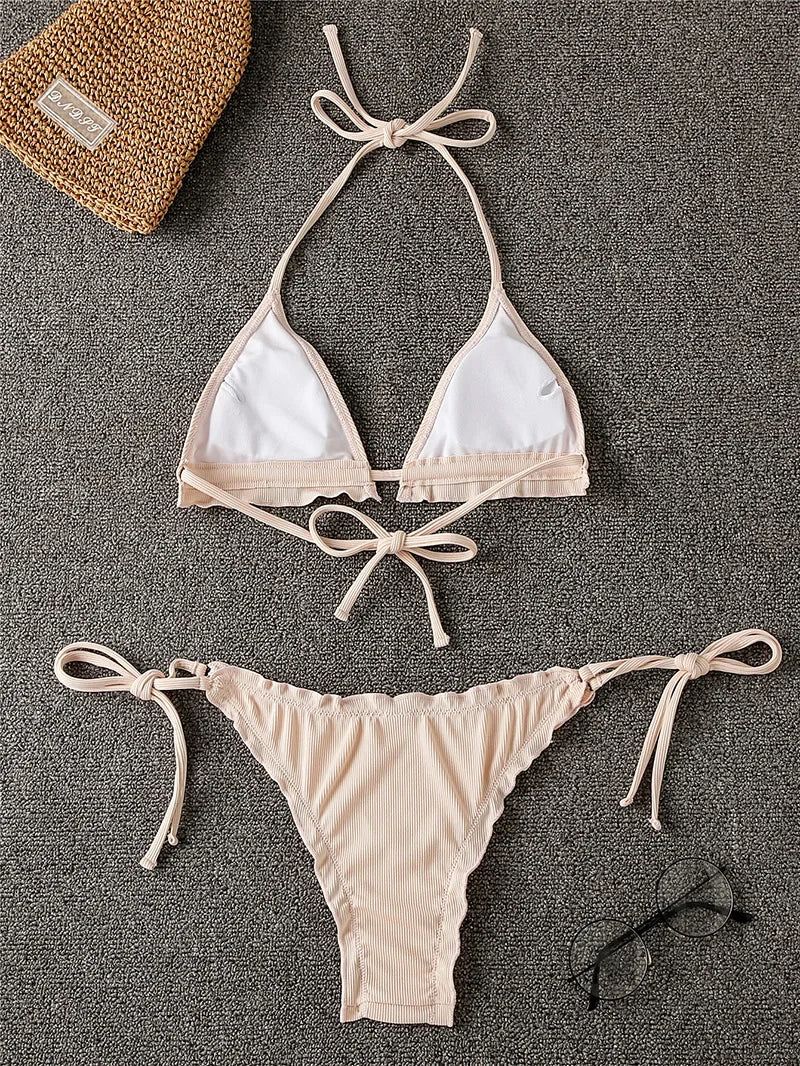 Ribbed Ruffled Frilled Brazilian Bikini Women Swimsuit Female Swimwear Two Pieces Bikini Set Halter String Bathing Suit Swim