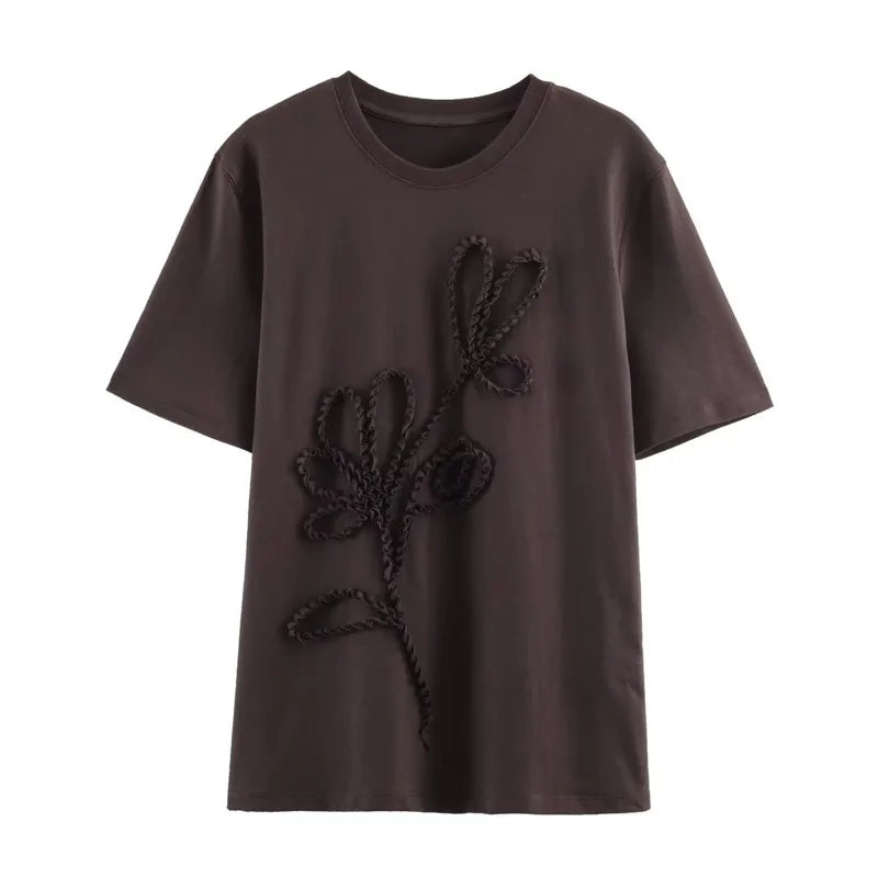 Women's Short Sleeve Round Neck Slim Fit Bow T-Shirt Floral For Women Soft Ruffled Floral Embroidery For Casual Outings Q702