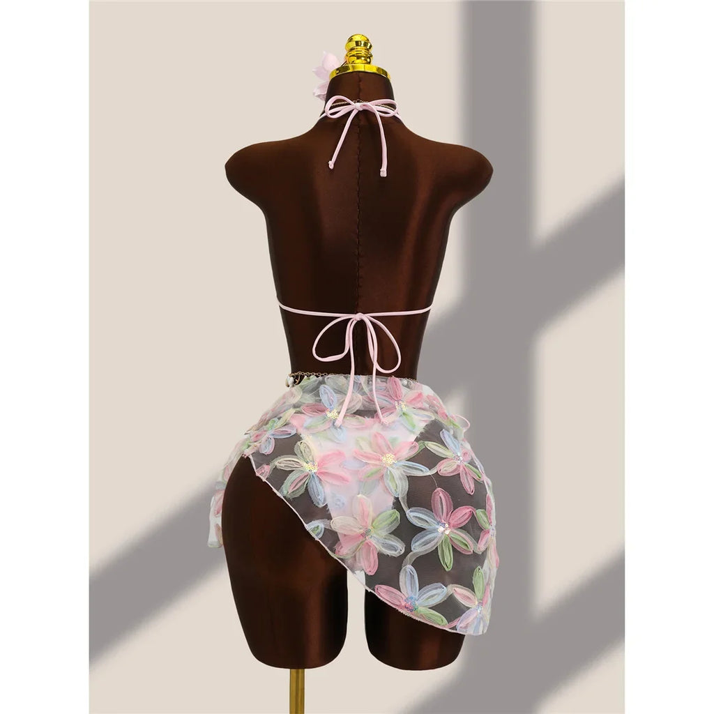 With Sarong Flower Printed Halter Bikini Female Swimsuit Women Swimwear Three-pieces Bikini set Bather Bathing Suit Swim V8321