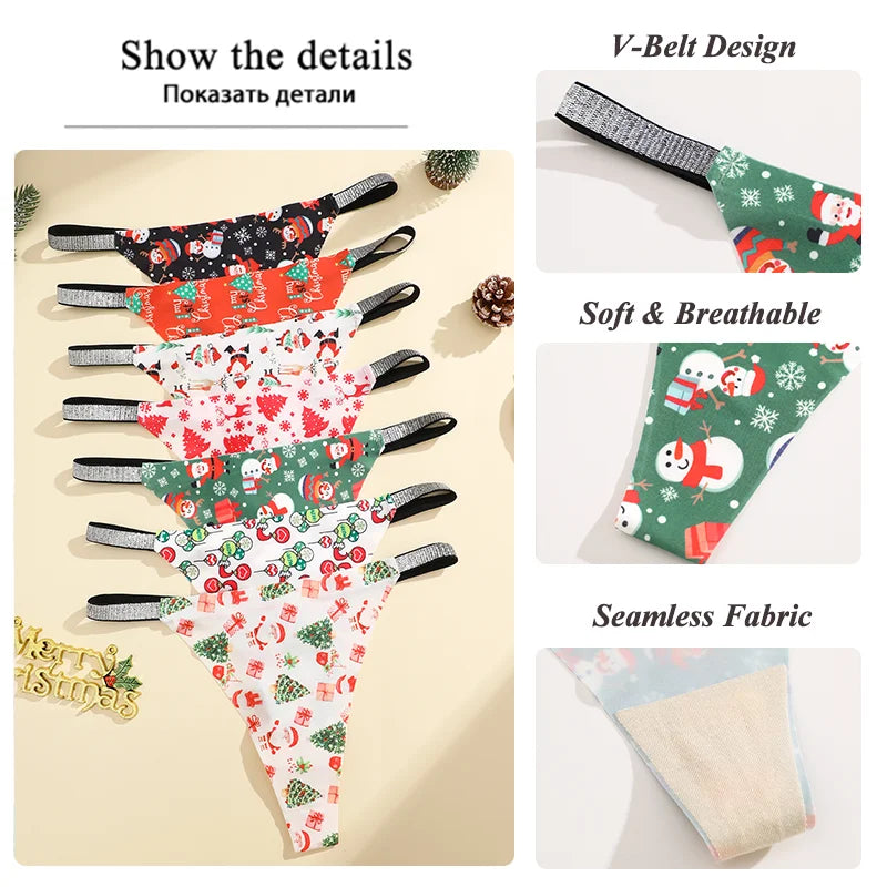 4Pcs Christmas Print Underwear Breathable Shiny Belt Thong Women Skin-friendly Fashionable Casual Christmas Gifts
