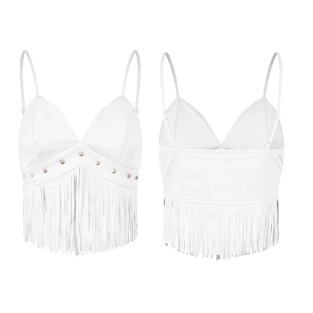 Summer Women's Tassel Corset Tops Retro Cowboy Stylish Sleeveless V Neck Vest Spaghetti Strap Tank Top for Party Street