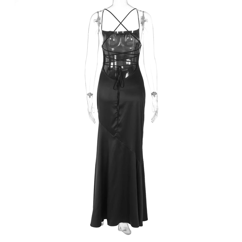 FDYOUI Women's Bandage Long Maxi Satin Dress Black 2026 Sexy Spaghetti Strap Slash Neck Backless Lace-up Party Evening Dresses