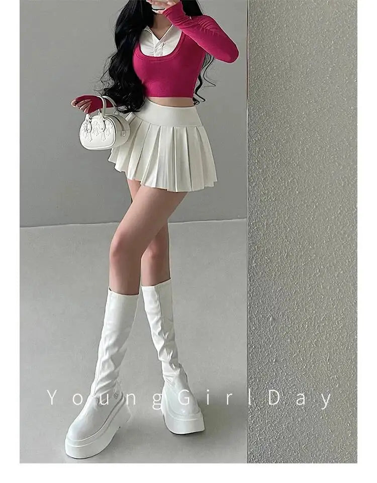 WOMENGAGA Fahsion Women Skorts Spicy Girl Sexy High Waist SlimA-LINE Pleated Skirt Half Body Short Skirt Sweet Korean Style 8NDZ