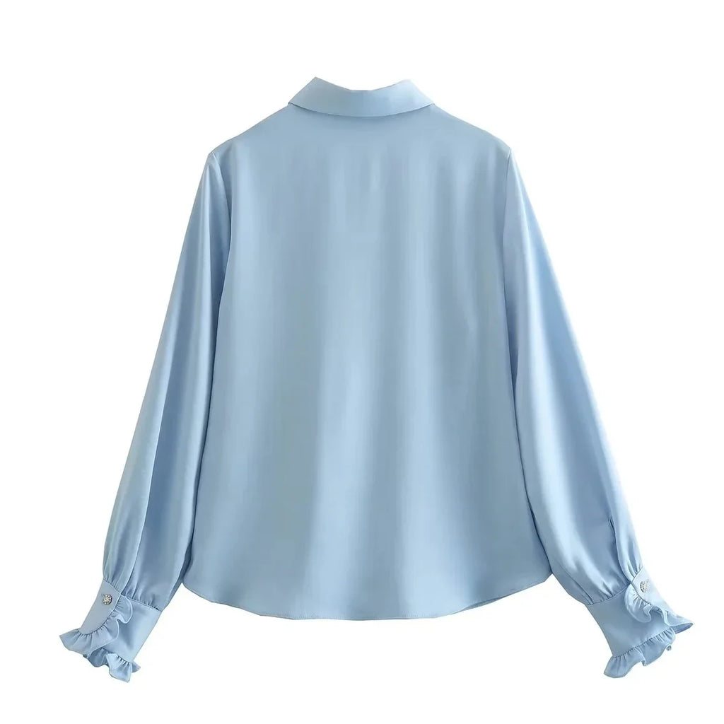 Foridol Ruffles Folds Light Blue Office Lady Satin Shirt Blouse Long Sleeve Spring Fashion Solid Button Up Blusa Autumn 2025