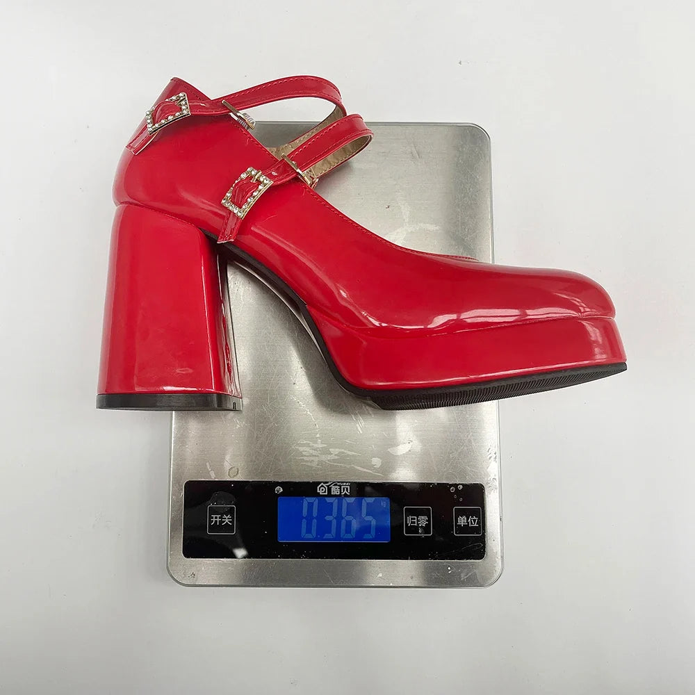Women Silver Metallic Platform Mary Jane Shoes Double Rhinestone Buckle Chunky Block High Heels Y2K Vintage Square Toe Pumps