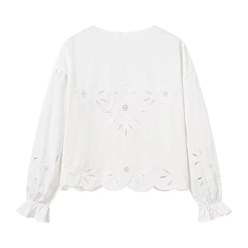 Foridol Heart Embroidery White Cotton Women Blouse Bowknot Spring Summer Lantern Sleeve Casual Shirt V Neck Loose Chic Blusa