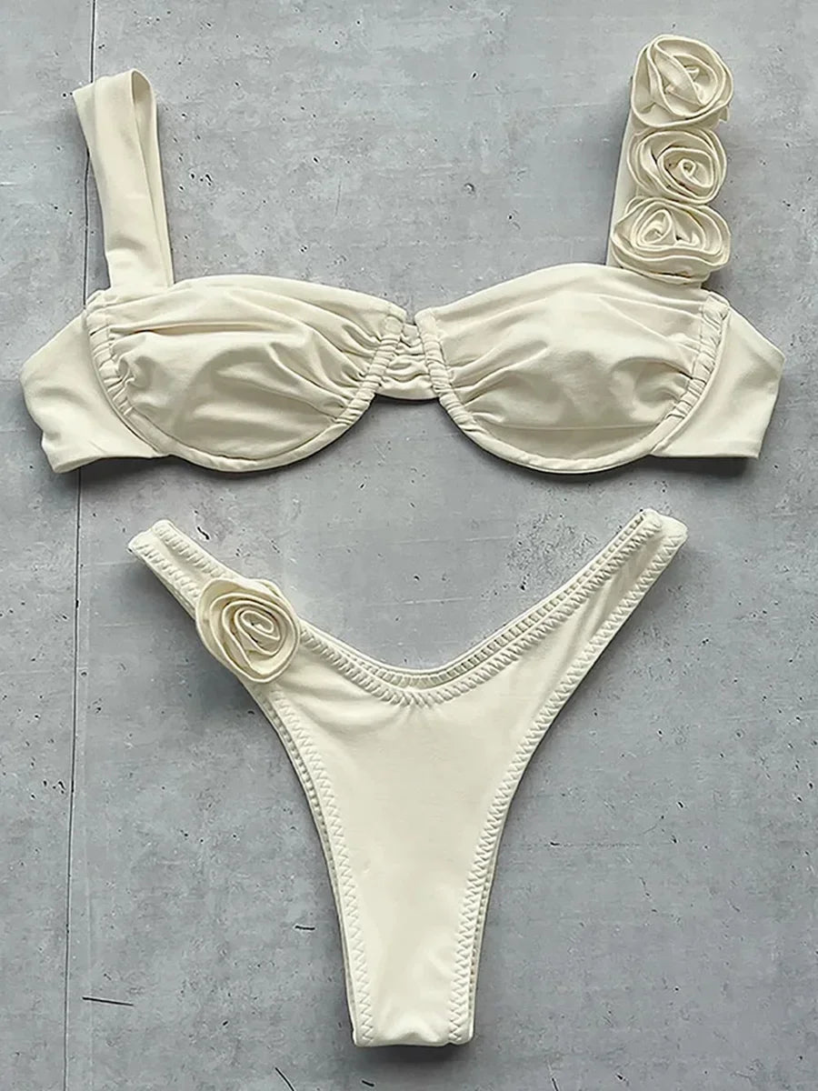 3D Flowers Underwired Brazilian Bikini Women Thong Swimwear Female Swimsuit Two-pieces Bikini Set Push Up Bathing Suit Swim