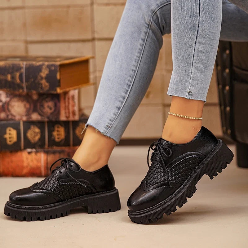 Pu Leather Platform Oxford Shoes Women 2026 Plus Size 42 Lace-Up Single Shoes Woman Comfort Non Slip Thick Sole Student Shoes